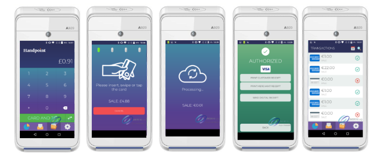 Handpoint Payments App — standalone amount entry, card prompt, processing, authorised, and transaction history screens